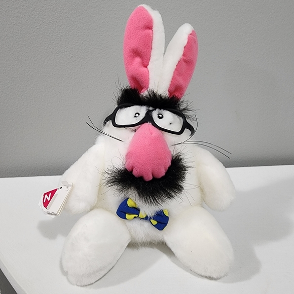 Vintage Dakin Stuffed Bunny Big Pink Nose Mustache - Black Rim Gasses Disguise - Picture 1 of 7